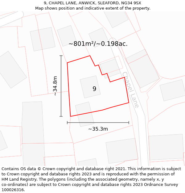 9, CHAPEL LANE, ANWICK, SLEAFORD, NG34 9SX: Plot and title map