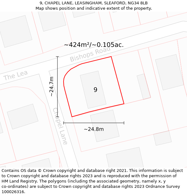 9, CHAPEL LANE, LEASINGHAM, SLEAFORD, NG34 8LB: Plot and title map