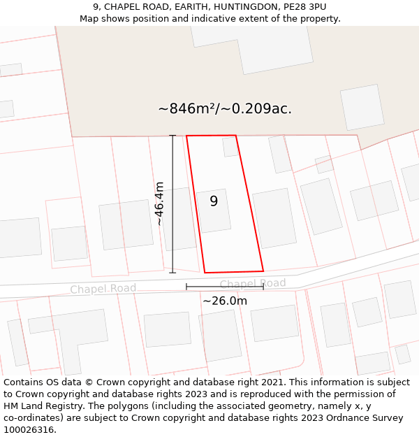 9, CHAPEL ROAD, EARITH, HUNTINGDON, PE28 3PU: Plot and title map