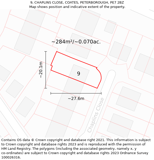 9, CHAPLINS CLOSE, COATES, PETERBOROUGH, PE7 2BZ: Plot and title map