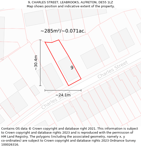 9, CHARLES STREET, LEABROOKS, ALFRETON, DE55 1LZ: Plot and title map