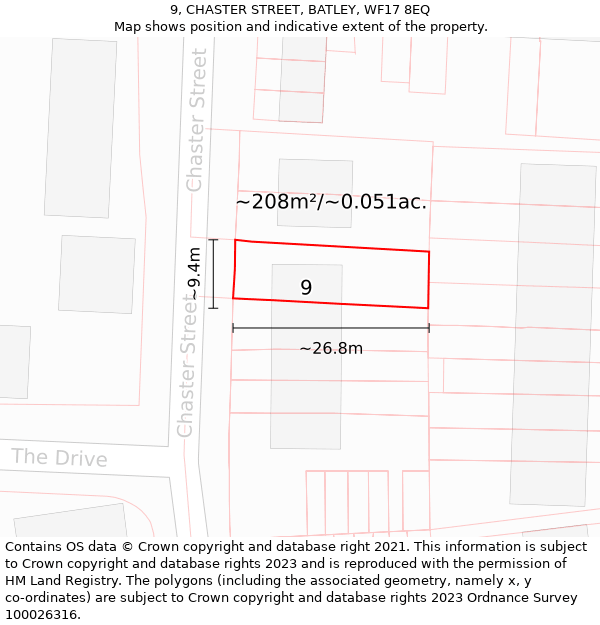 9, CHASTER STREET, BATLEY, WF17 8EQ: Plot and title map