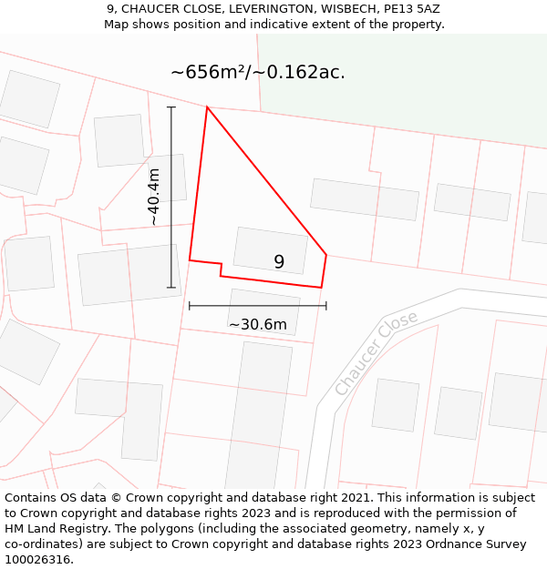 9, CHAUCER CLOSE, LEVERINGTON, WISBECH, PE13 5AZ: Plot and title map