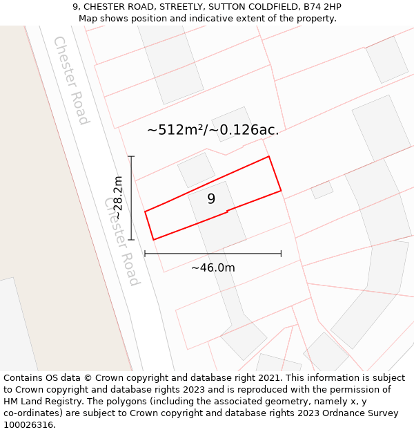 9, CHESTER ROAD, STREETLY, SUTTON COLDFIELD, B74 2HP: Plot and title map