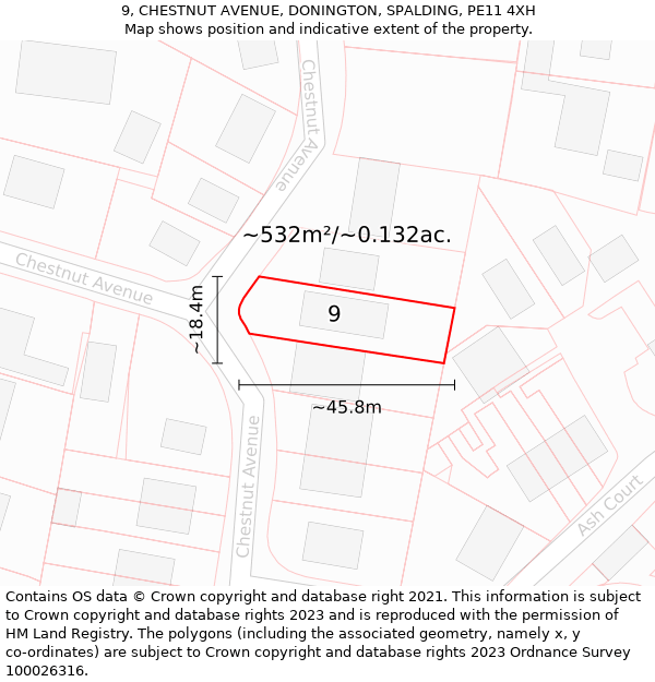 9, CHESTNUT AVENUE, DONINGTON, SPALDING, PE11 4XH: Plot and title map