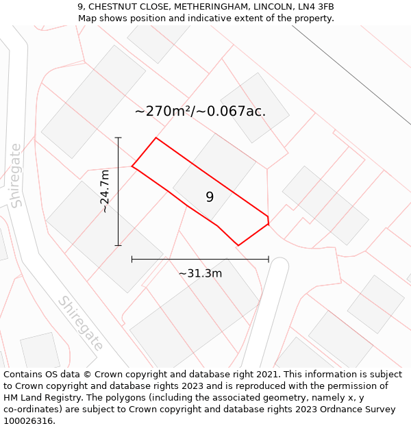 9, CHESTNUT CLOSE, METHERINGHAM, LINCOLN, LN4 3FB: Plot and title map