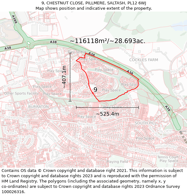 9, CHESTNUT CLOSE, PILLMERE, SALTASH, PL12 6WJ: Plot and title map