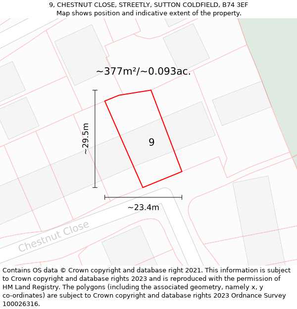 9, CHESTNUT CLOSE, STREETLY, SUTTON COLDFIELD, B74 3EF: Plot and title map