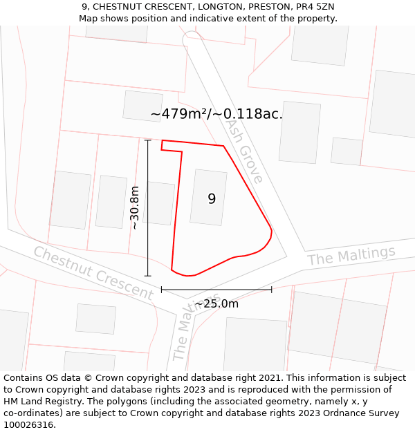 9, CHESTNUT CRESCENT, LONGTON, PRESTON, PR4 5ZN: Plot and title map