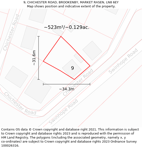 9, CHICHESTER ROAD, BROOKENBY, MARKET RASEN, LN8 6EY: Plot and title map
