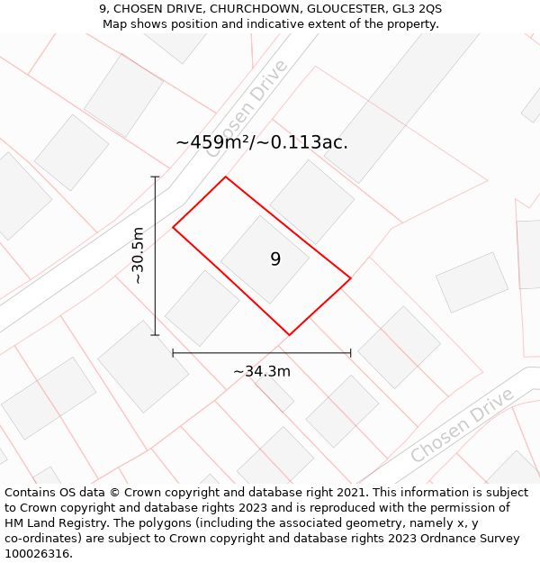 9, CHOSEN DRIVE, CHURCHDOWN, GLOUCESTER, GL3 2QS: Plot and title map