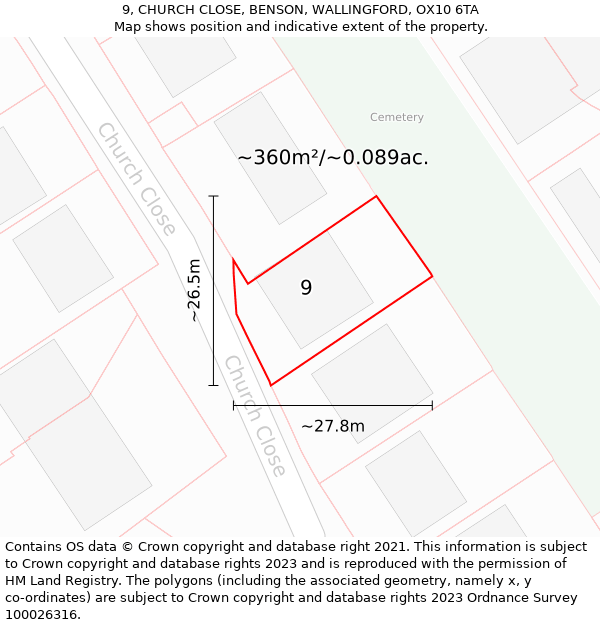 9, CHURCH CLOSE, BENSON, WALLINGFORD, OX10 6TA: Plot and title map