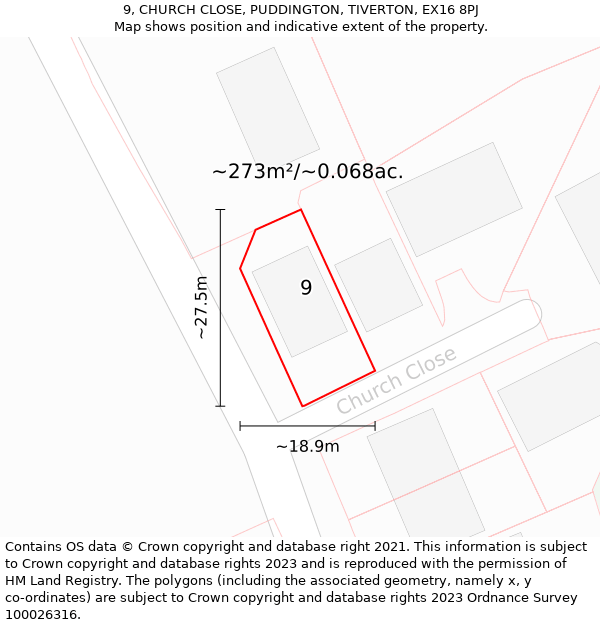 9, CHURCH CLOSE, PUDDINGTON, TIVERTON, EX16 8PJ: Plot and title map