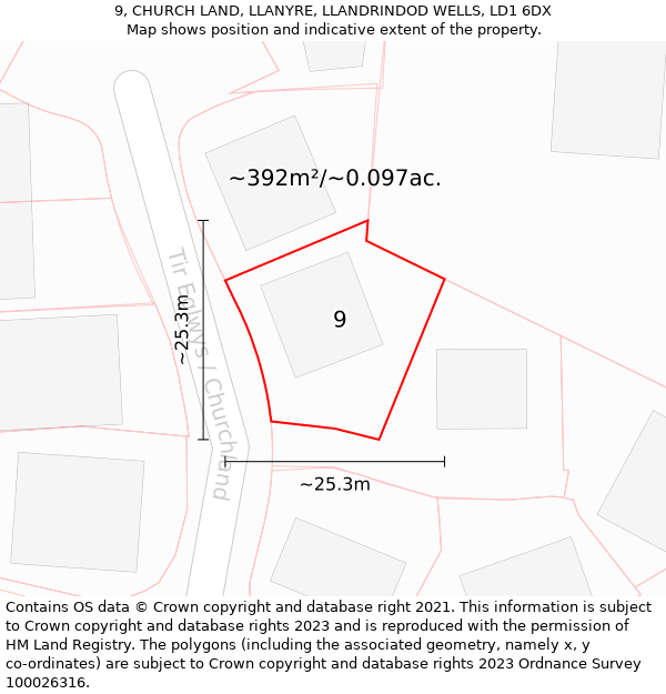 9, CHURCH LAND, LLANYRE, LLANDRINDOD WELLS, LD1 6DX: Plot and title map