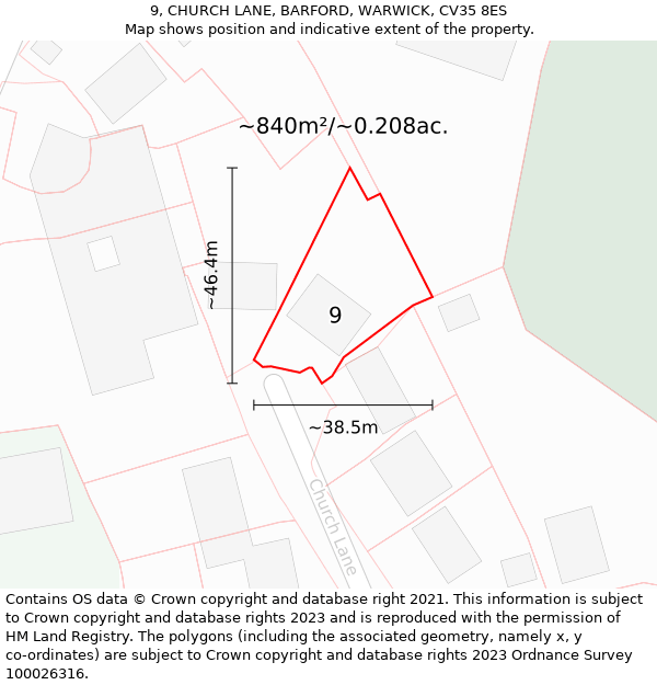 9, CHURCH LANE, BARFORD, WARWICK, CV35 8ES: Plot and title map