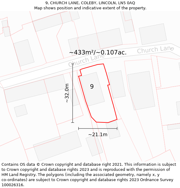 9, CHURCH LANE, COLEBY, LINCOLN, LN5 0AQ: Plot and title map