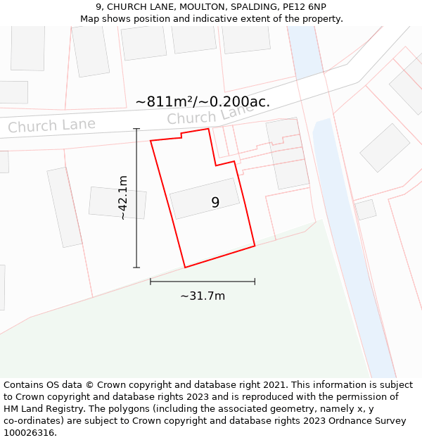 9, CHURCH LANE, MOULTON, SPALDING, PE12 6NP: Plot and title map