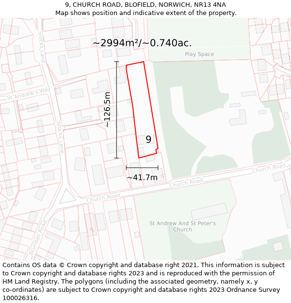 9, CHURCH ROAD, BLOFIELD, NORWICH, NR13 4NA: Plot and title map