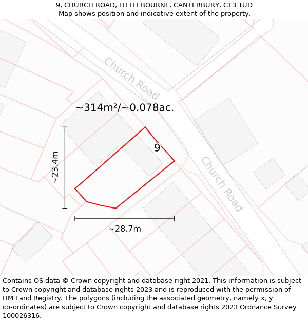 9, CHURCH ROAD, LITTLEBOURNE, CANTERBURY, CT3 1UD: Plot and title map