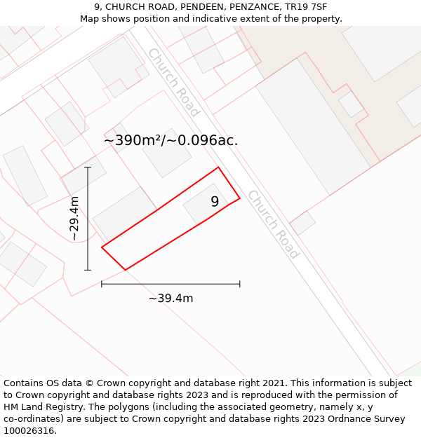 9, CHURCH ROAD, PENDEEN, PENZANCE, TR19 7SF: Plot and title map