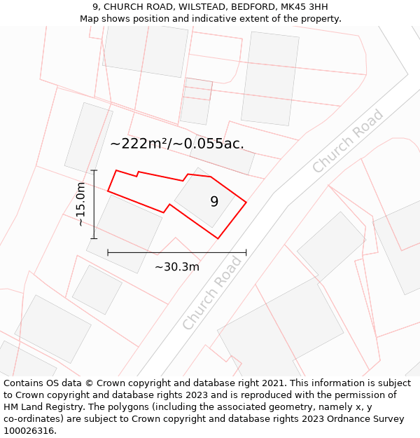 9, CHURCH ROAD, WILSTEAD, BEDFORD, MK45 3HH: Plot and title map