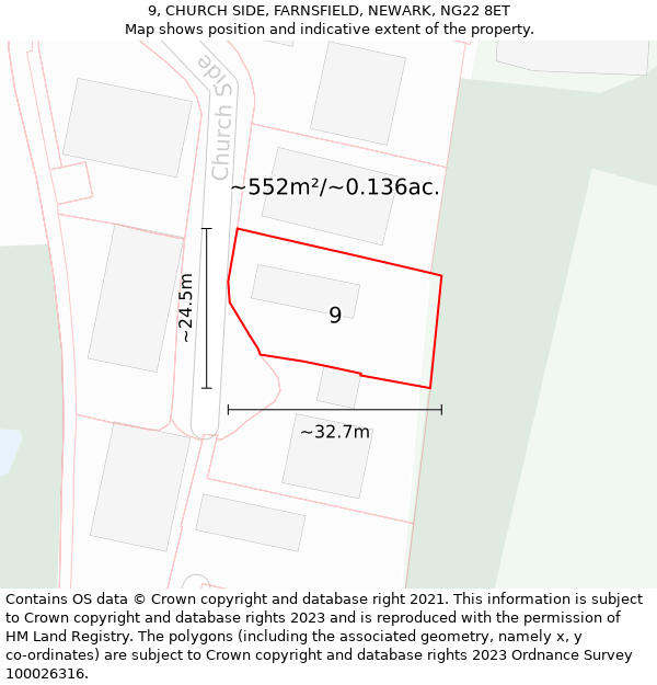 9, CHURCH SIDE, FARNSFIELD, NEWARK, NG22 8ET: Plot and title map