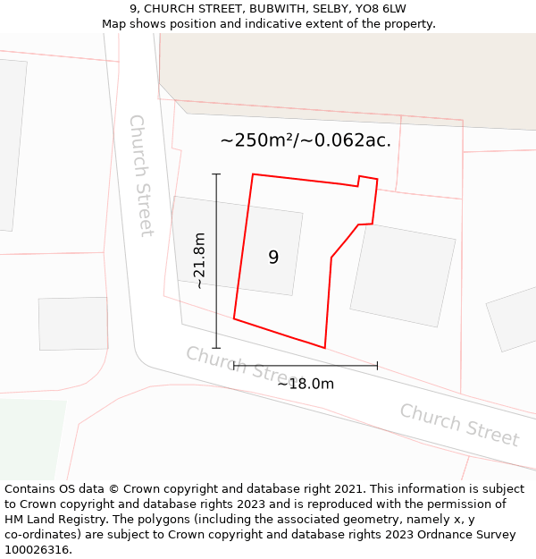 9, CHURCH STREET, BUBWITH, SELBY, YO8 6LW: Plot and title map