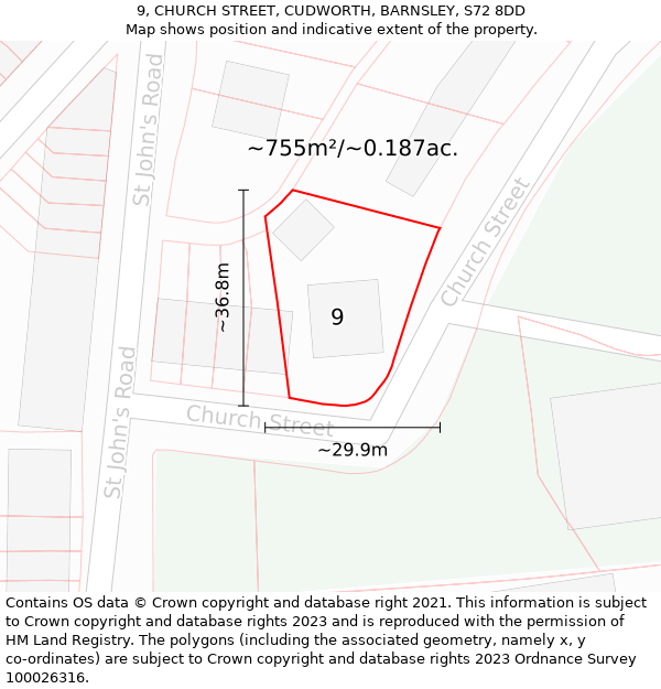 9, CHURCH STREET, CUDWORTH, BARNSLEY, S72 8DD: Plot and title map