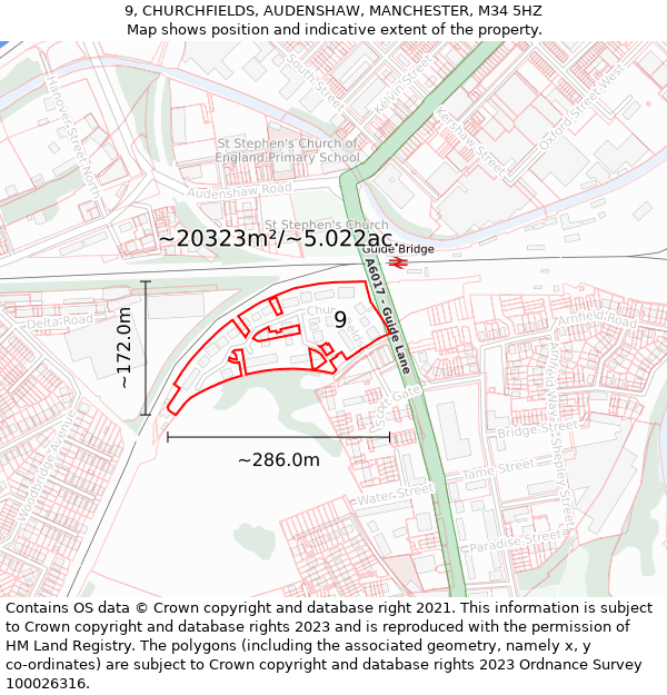 9, CHURCHFIELDS, AUDENSHAW, MANCHESTER, M34 5HZ: Plot and title map