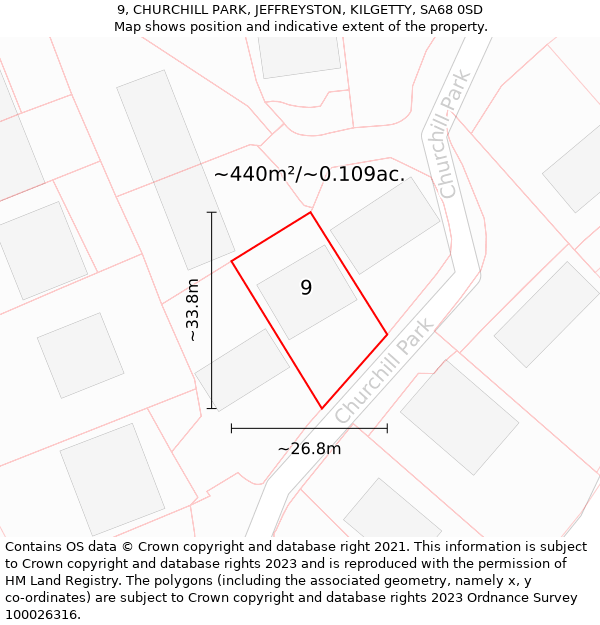 9, CHURCHILL PARK, JEFFREYSTON, KILGETTY, SA68 0SD: Plot and title map