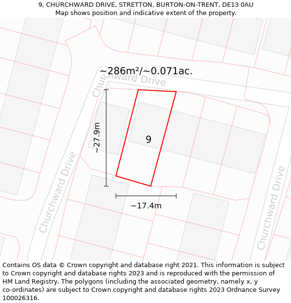 9, CHURCHWARD DRIVE, STRETTON, BURTON-ON-TRENT, DE13 0AU: Plot and title map