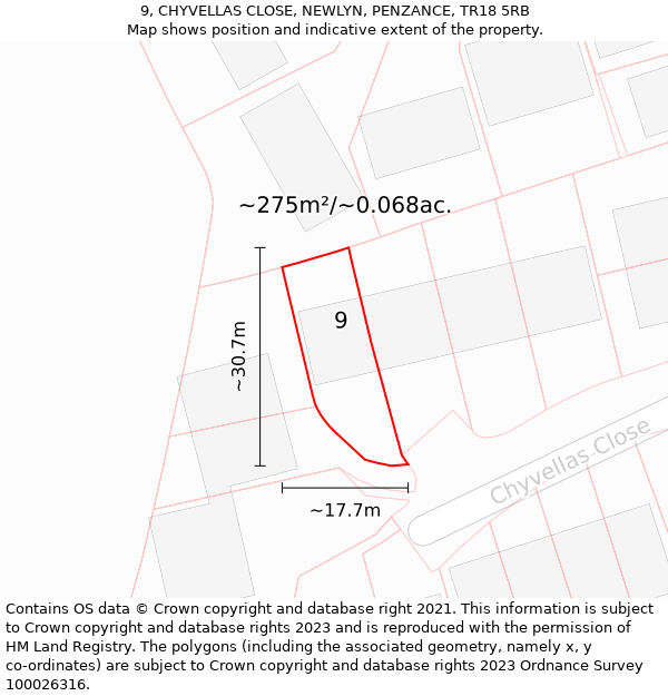 9, CHYVELLAS CLOSE, NEWLYN, PENZANCE, TR18 5RB: Plot and title map