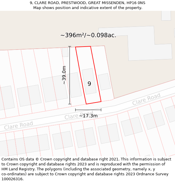 9, CLARE ROAD, PRESTWOOD, GREAT MISSENDEN, HP16 0NS: Plot and title map