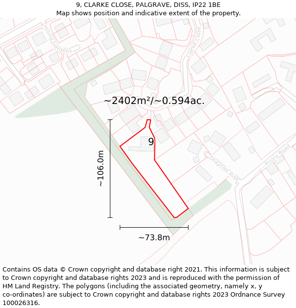 9, CLARKE CLOSE, PALGRAVE, DISS, IP22 1BE: Plot and title map