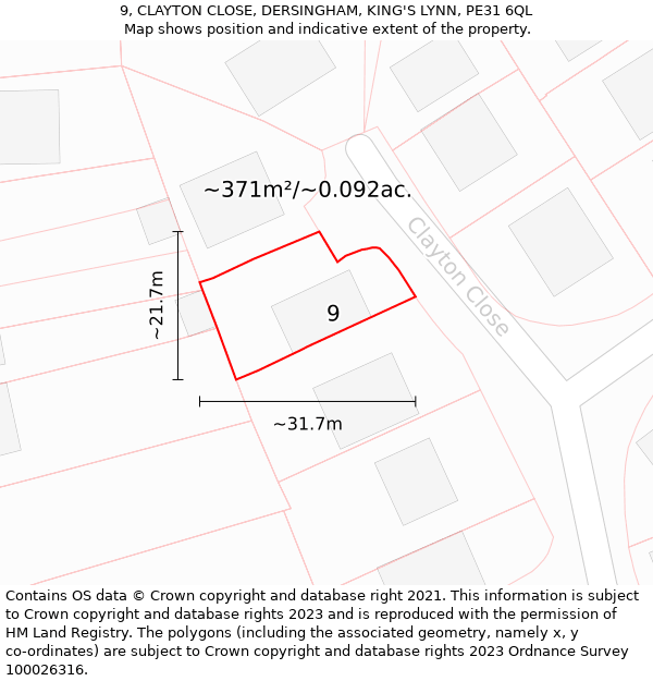 9, CLAYTON CLOSE, DERSINGHAM, KING'S LYNN, PE31 6QL: Plot and title map