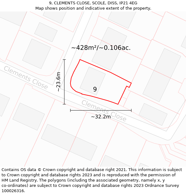 9, CLEMENTS CLOSE, SCOLE, DISS, IP21 4EG: Plot and title map