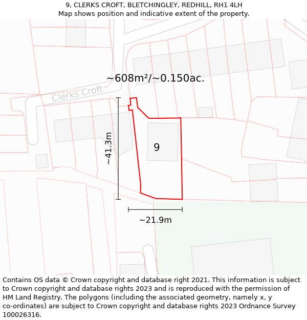 9, CLERKS CROFT, BLETCHINGLEY, REDHILL, RH1 4LH: Plot and title map