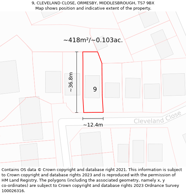 9, CLEVELAND CLOSE, ORMESBY, MIDDLESBROUGH, TS7 9BX: Plot and title map