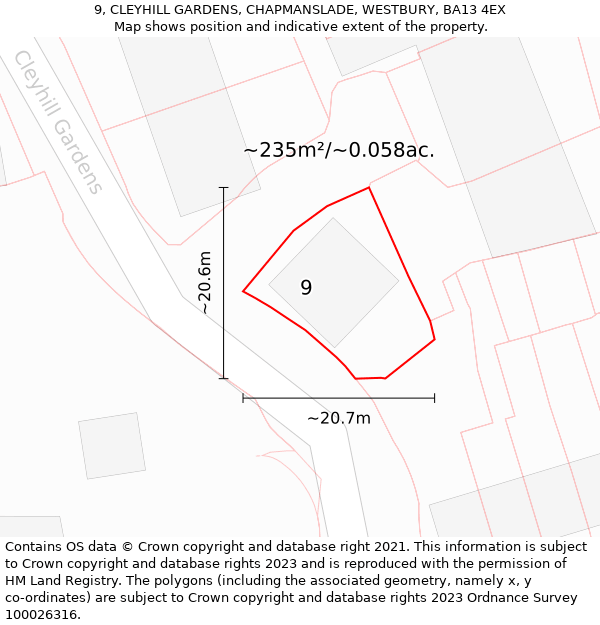 9, CLEYHILL GARDENS, CHAPMANSLADE, WESTBURY, BA13 4EX: Plot and title map