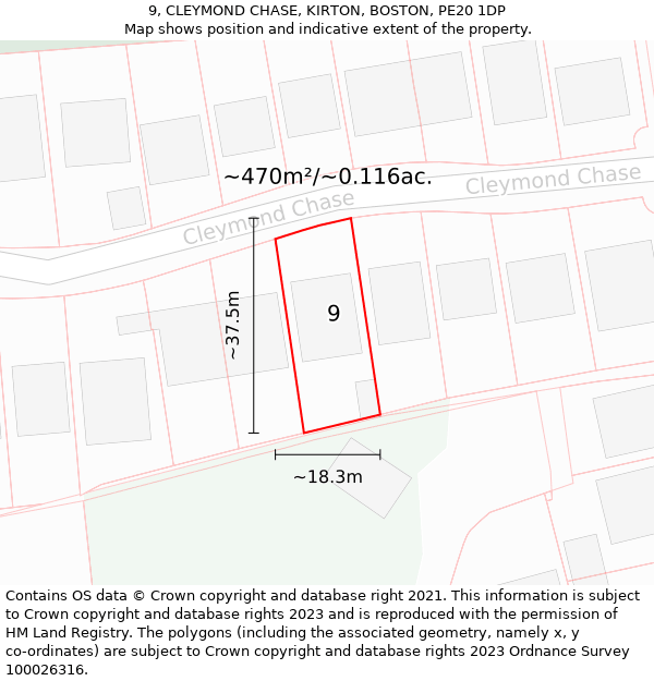 9, CLEYMOND CHASE, KIRTON, BOSTON, PE20 1DP: Plot and title map