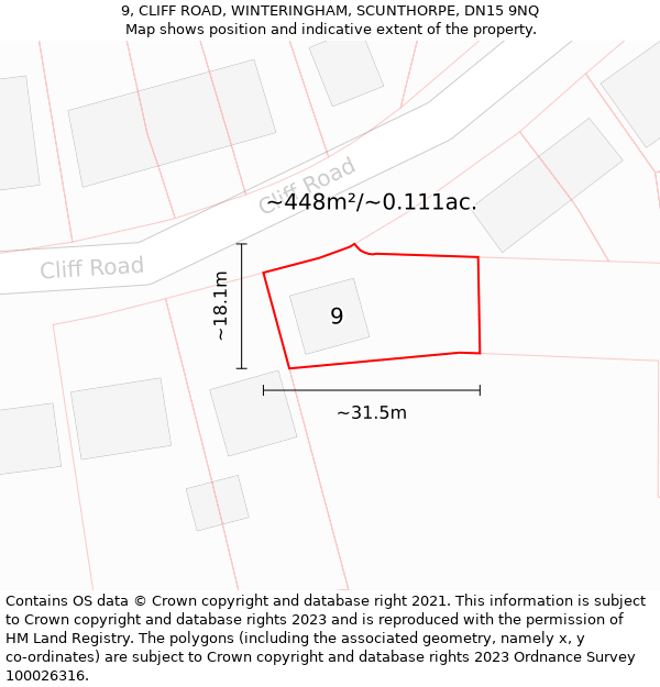 9, CLIFF ROAD, WINTERINGHAM, SCUNTHORPE, DN15 9NQ: Plot and title map