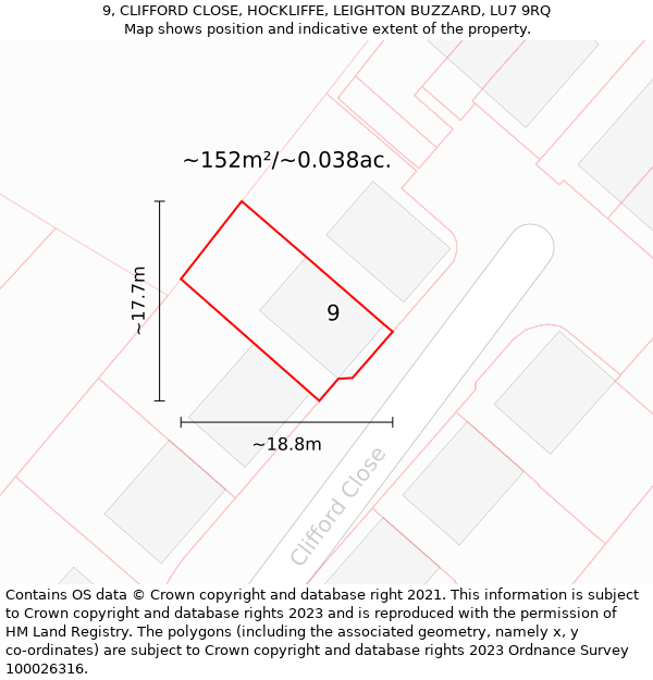 9, CLIFFORD CLOSE, HOCKLIFFE, LEIGHTON BUZZARD, LU7 9RQ: Plot and title map