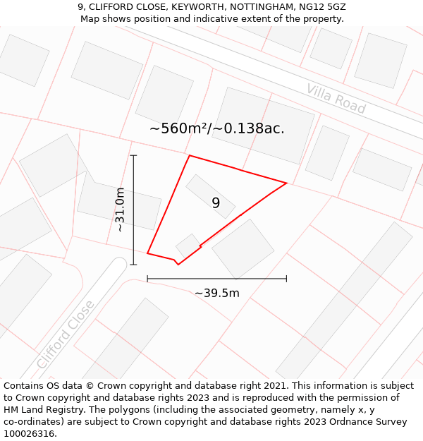 9, CLIFFORD CLOSE, KEYWORTH, NOTTINGHAM, NG12 5GZ: Plot and title map