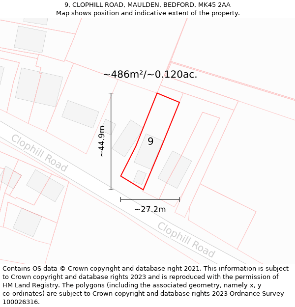 9, CLOPHILL ROAD, MAULDEN, BEDFORD, MK45 2AA: Plot and title map