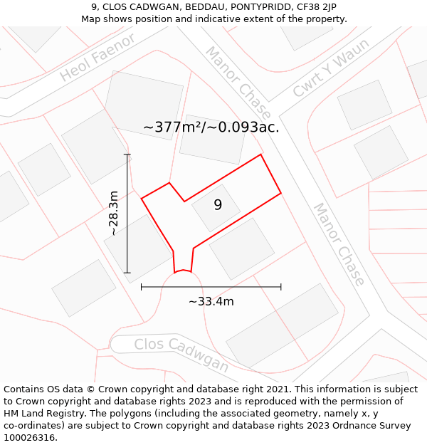 9, CLOS CADWGAN, BEDDAU, PONTYPRIDD, CF38 2JP: Plot and title map