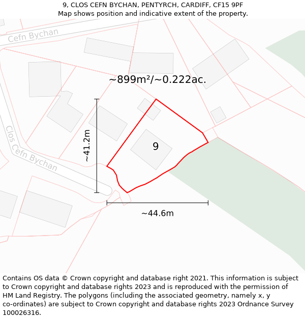 9, CLOS CEFN BYCHAN, PENTYRCH, CARDIFF, CF15 9PF: Plot and title map