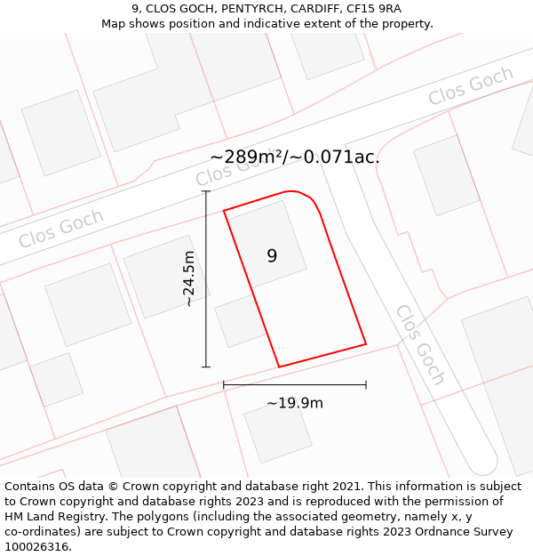 9, CLOS GOCH, PENTYRCH, CARDIFF, CF15 9RA: Plot and title map