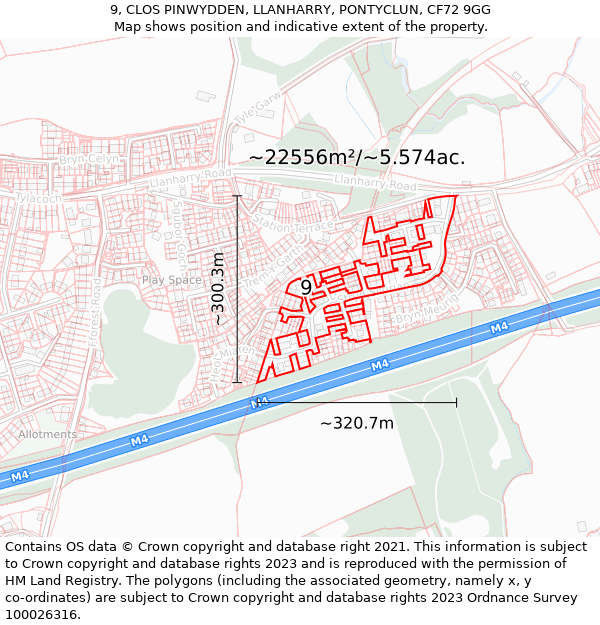 9, CLOS PINWYDDEN, LLANHARRY, PONTYCLUN, CF72 9GG: Plot and title map