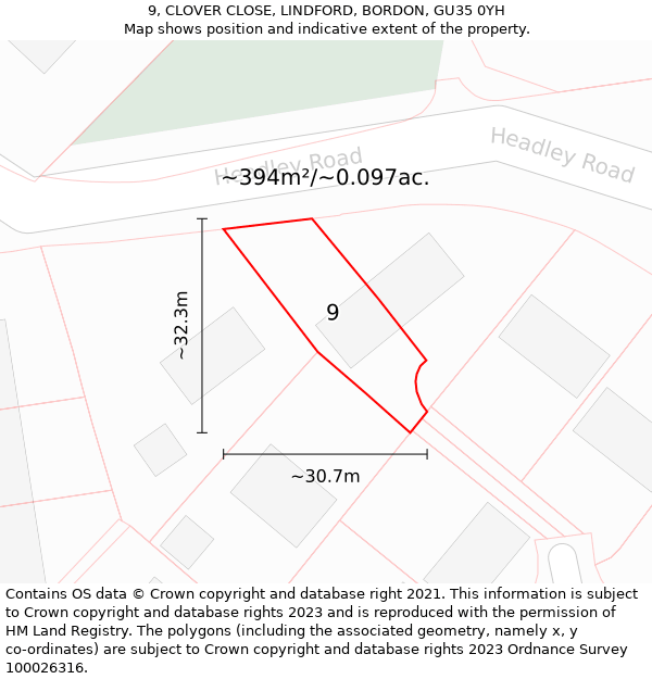 9, CLOVER CLOSE, LINDFORD, BORDON, GU35 0YH: Plot and title map