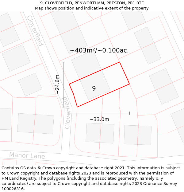 9, CLOVERFIELD, PENWORTHAM, PRESTON, PR1 0TE: Plot and title map